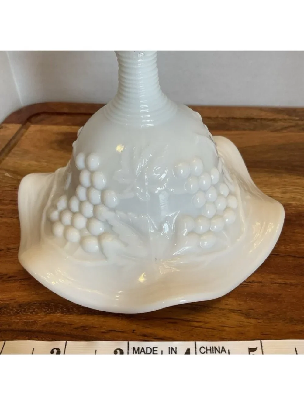 White milk Glass Wavy Footed Bowl With Grape Leaf embossed Pattern